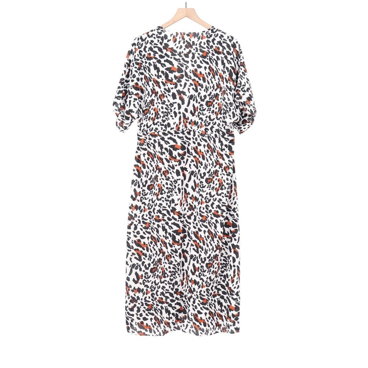 Leopard Animal Print Maxi Dress V-Neck Drawstring Waist Short Sleeve XL
