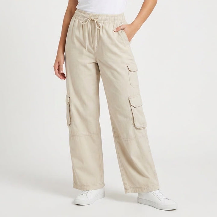 Old Navy Cargo Pants Womens S Petite Beige Cotton Drawstring Mid Rise Wide Leg