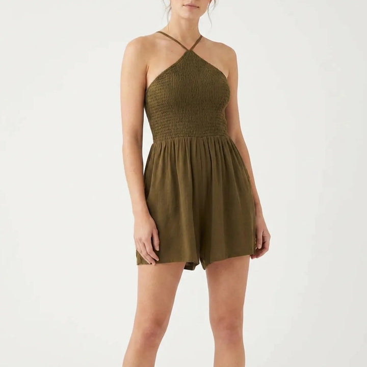 Olive Green Linen Blend Smocked Back Romper Adjustable Straps Large