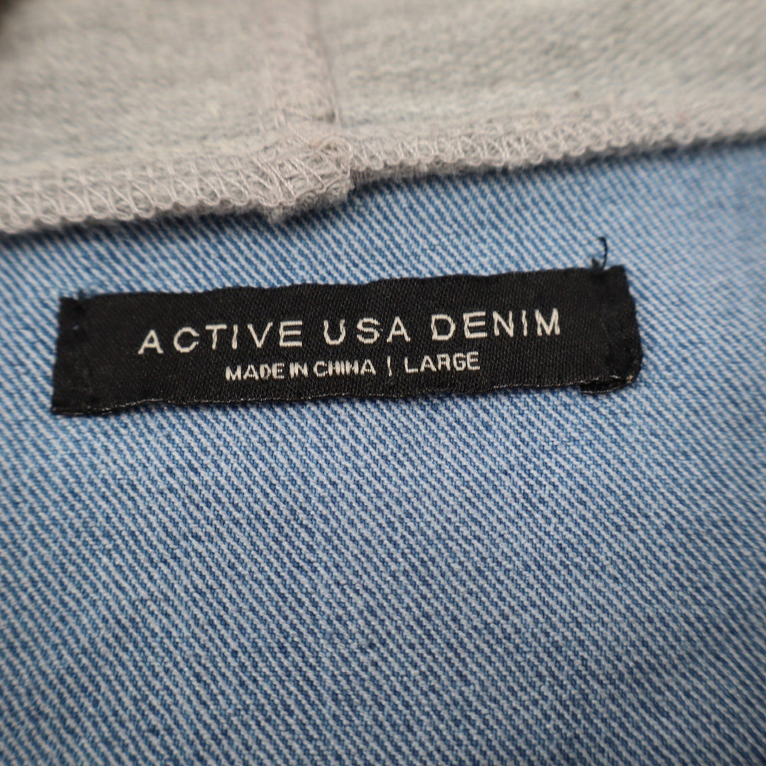 Active USA Denim Hooded Mixed Media Jean Jacket Light Wash Gray Large