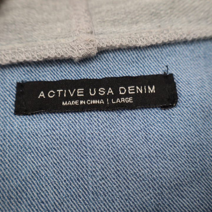 Active USA Denim Hooded Mixed Media Jean Jacket Light Wash Gray Large