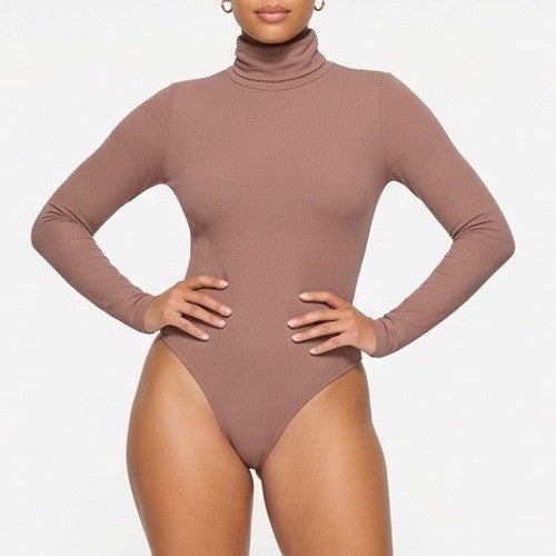 Naked Wardrobe Womens Turtleneck Long Sleeve Bodysuit Mauve Brown M