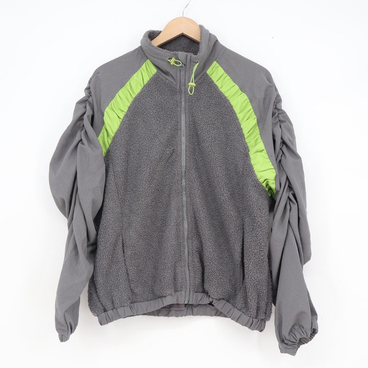 Fashion Gray Neon Green Ruched Sleeve Fleece Zip Up Jacket Medium