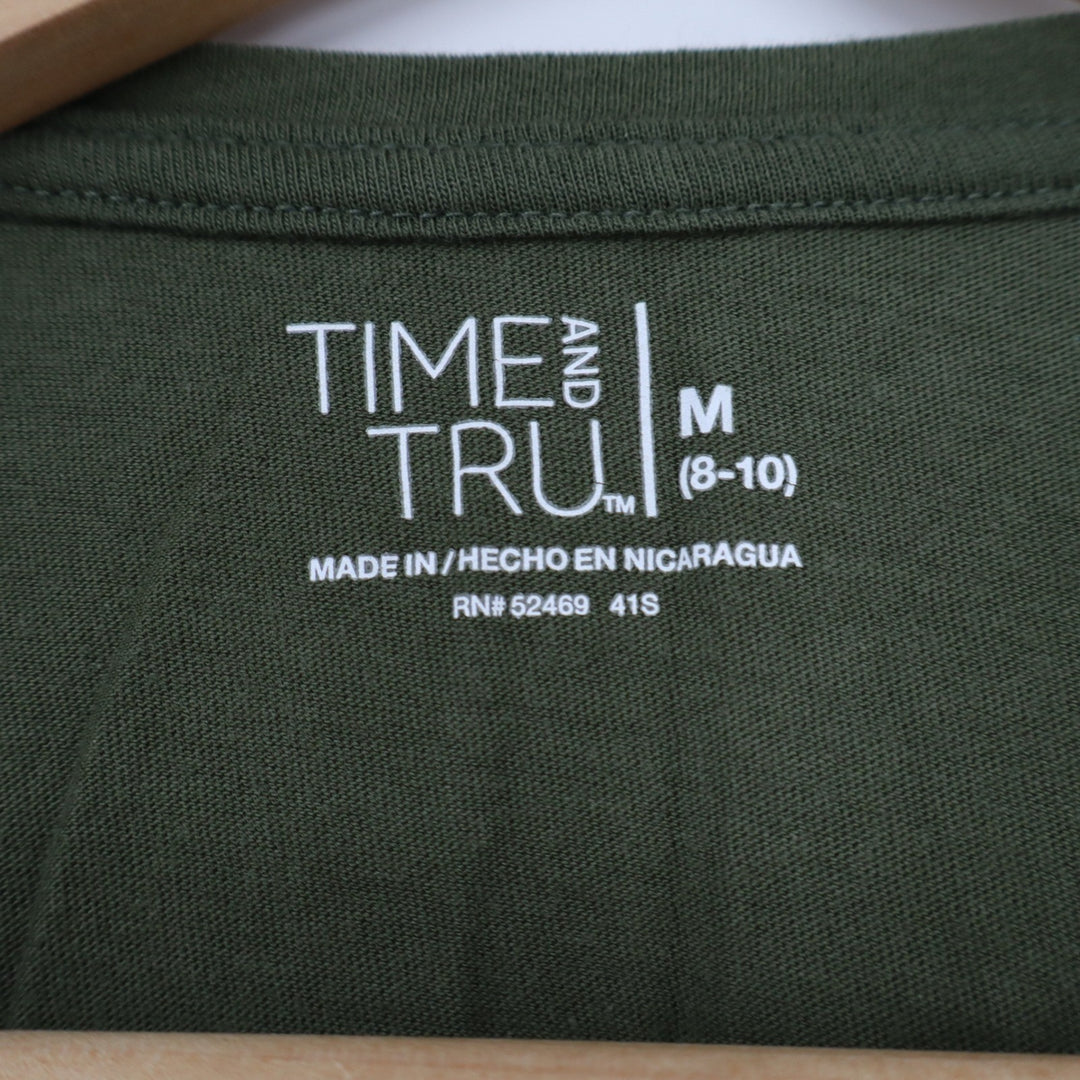 Time and Tru Womens Olive Green Cotton Long Sleeve Crewneck Tee Shirt Size M