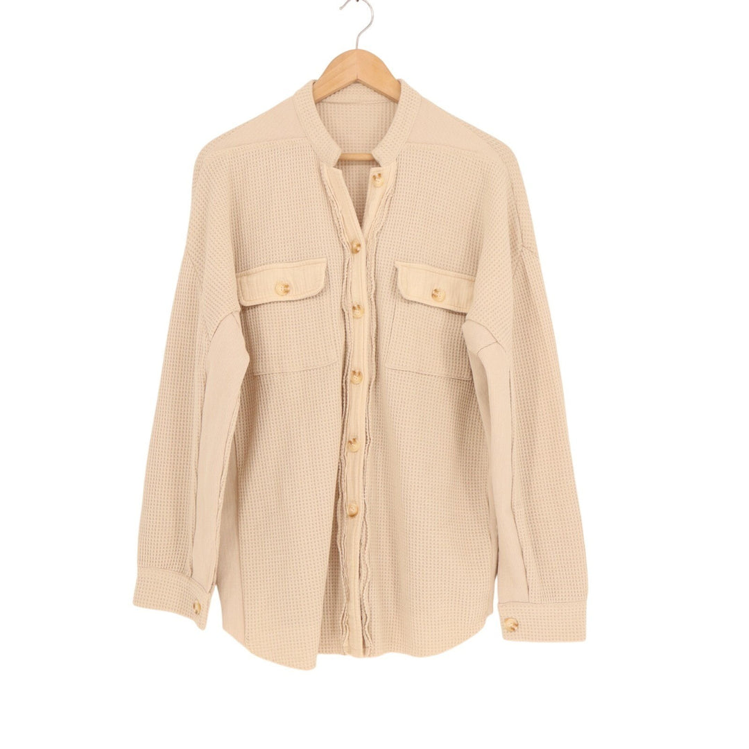 Womens Shacket Jacket Medium Beige Waffle Knit Cotton Long Sleeve Button Front