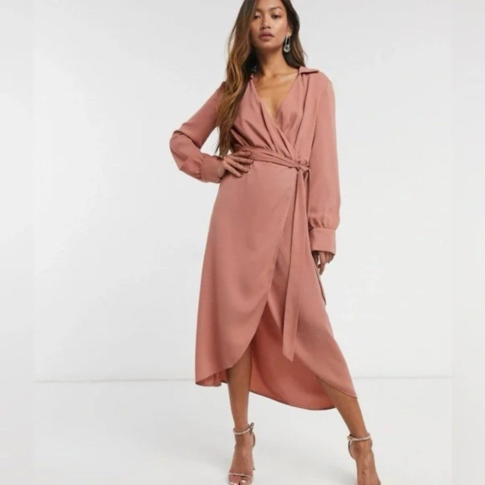 Asos Design Collared Wrap Midi Dress With Tie Belt Size 2