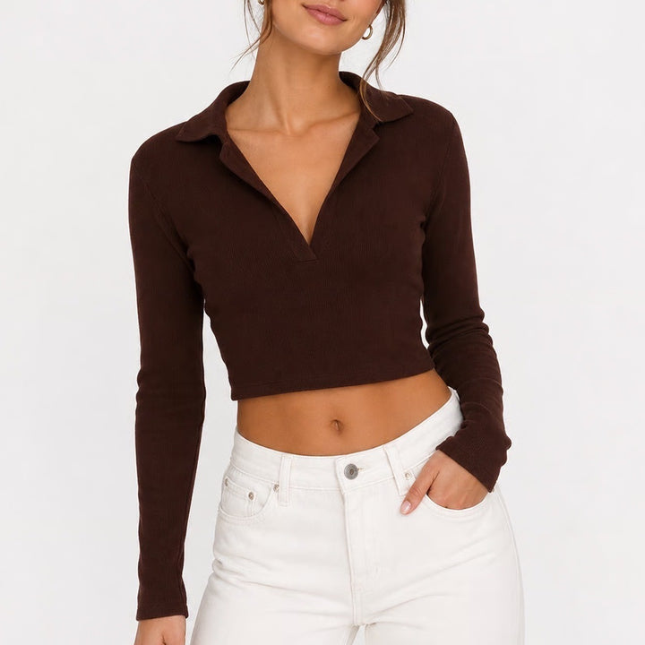 Zara Brown Ribbed Polo Neck Long Sleeve Crop Top V-Neck Size M 10533