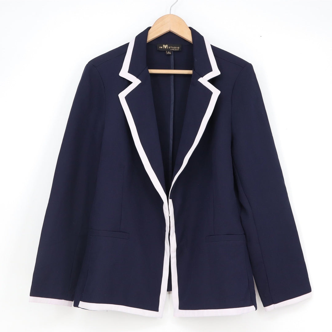 JMM Studio by John Meyer Navy Blue White Contrast Trim Open Front Blazer Large