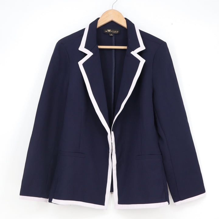 JMM Studio by John Meyer Navy Blue White Contrast Trim Open Front Blazer Large