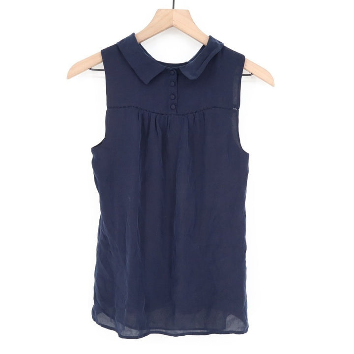 J. Crew Tank Top Womens 0 Navy Blue Silk Sleeveless Pleated Button Front Detail