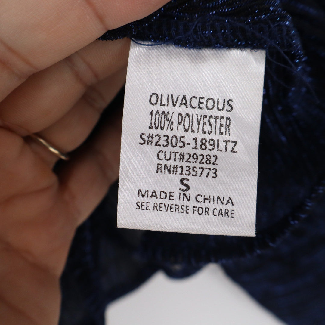 Olivaceous Navy Blue Metallic Pleated Mock Neck Blouse Rose Buttons S