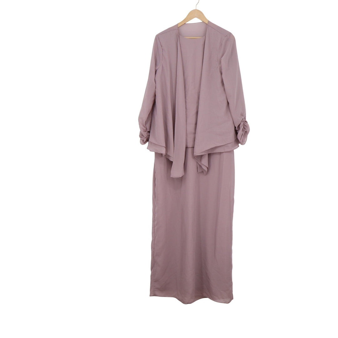 Mauve Two Piece Maxi Dress Set Ruched Sleeve Jacket Formal Wedding Guest Size 12