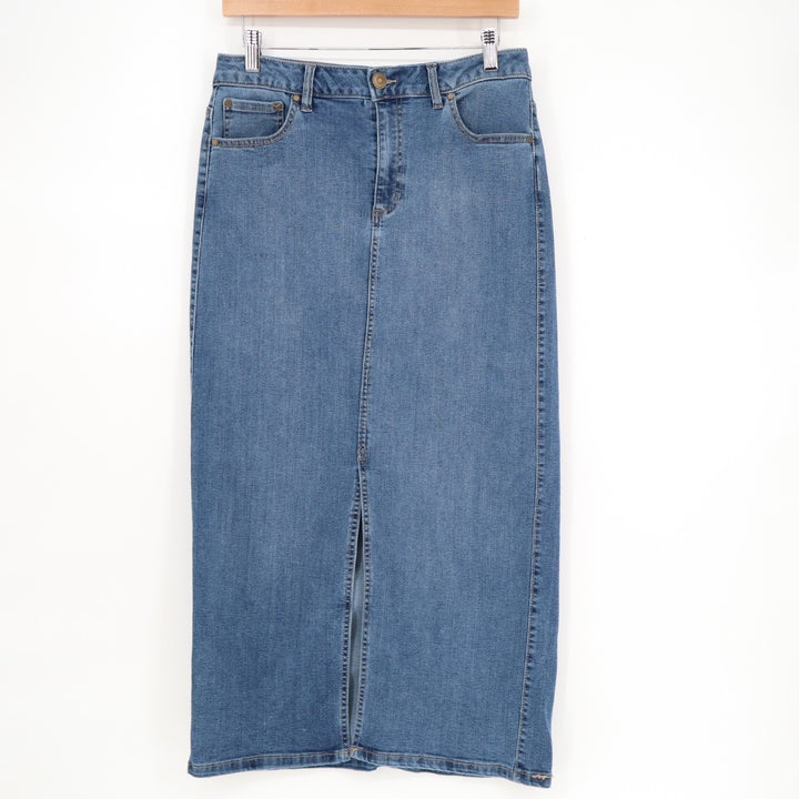 Rachel Zoe Midi Skirt Womens 6 Blue Denim Cotton Stretch Five Pockets Front Slit