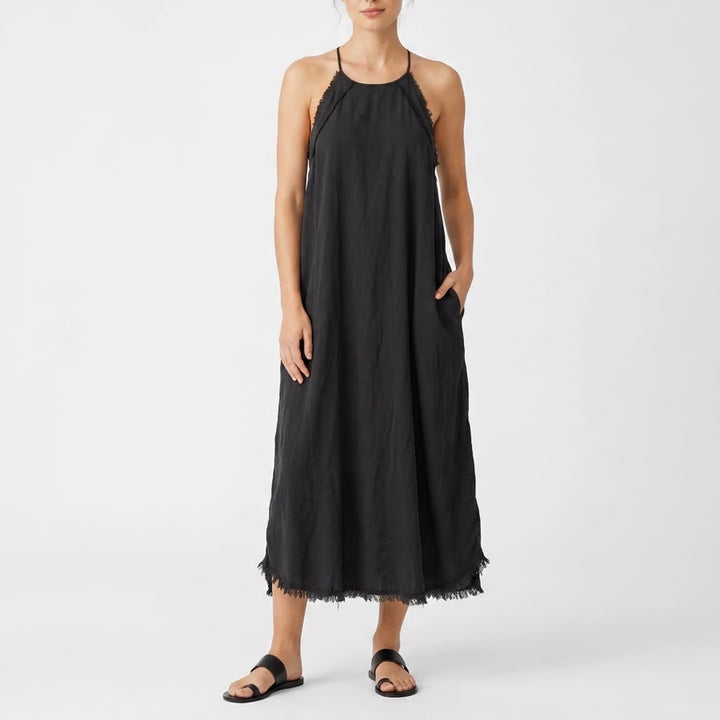 Velvet Heart Black Tencel Halter Shift Dress Fringe Trim Large