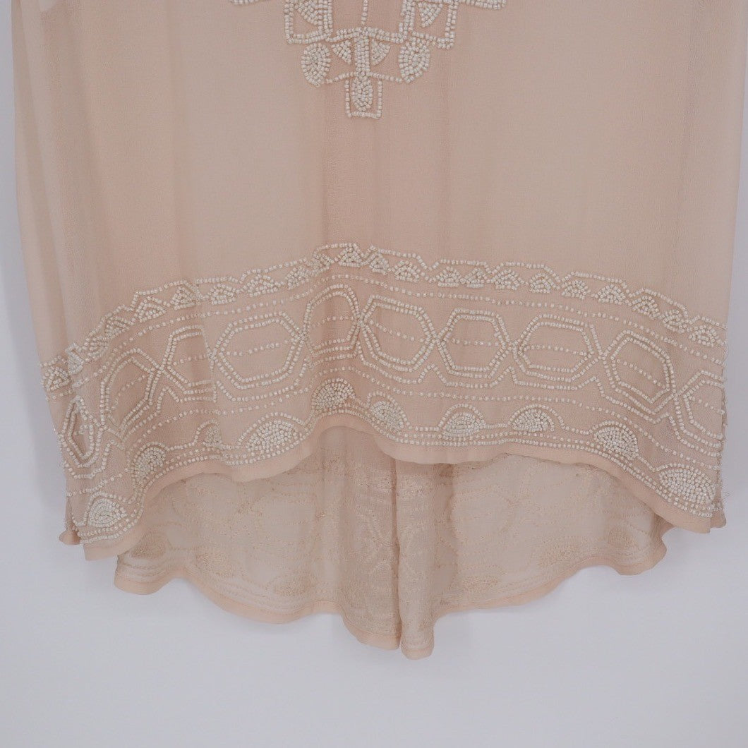 Free People Beaded V Neck Sleeveless Sheer Blouse Peach M