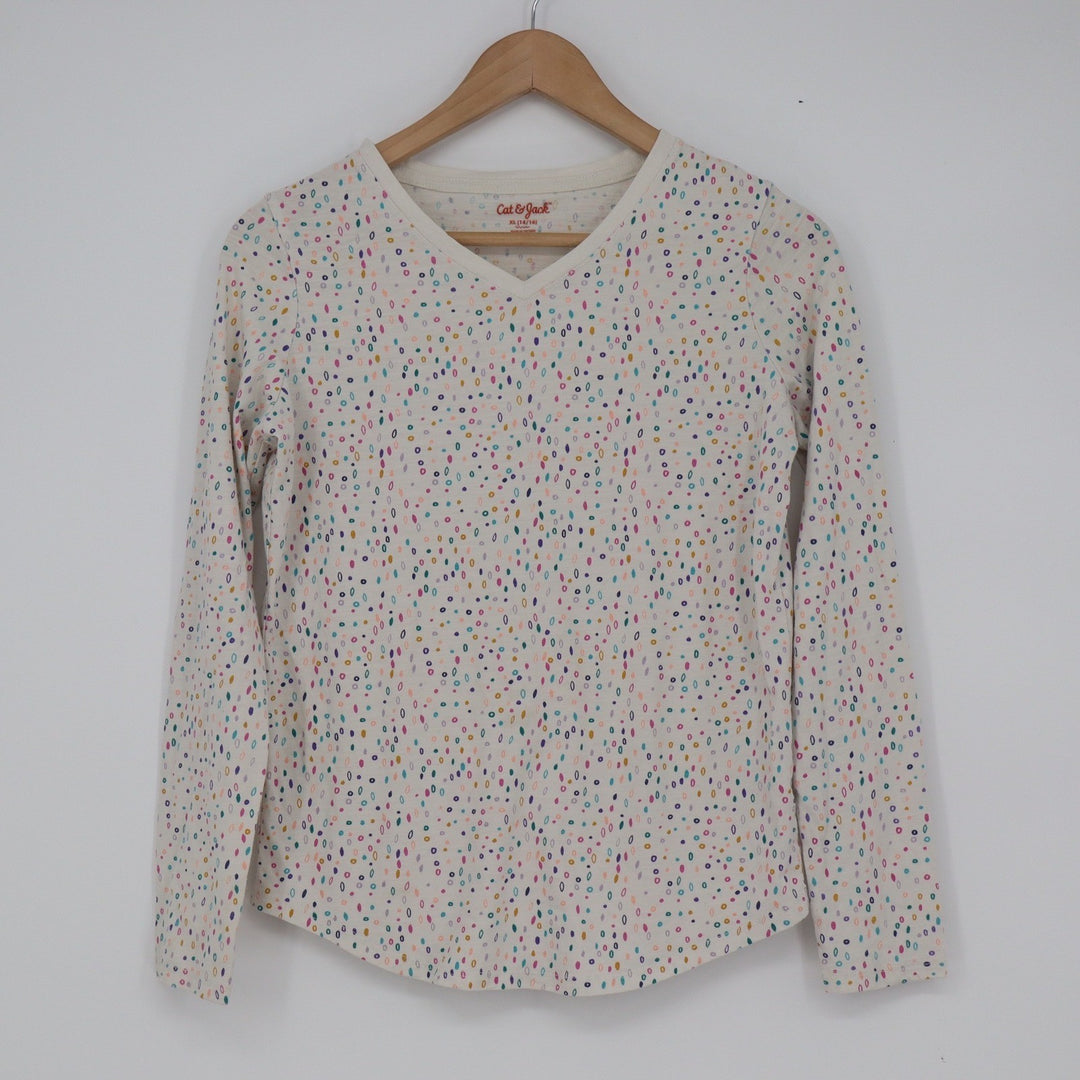 Cat & Jack Girls XL 14/16 White Multi Color Confetti V-Neck Long Sleeve T-Shirt