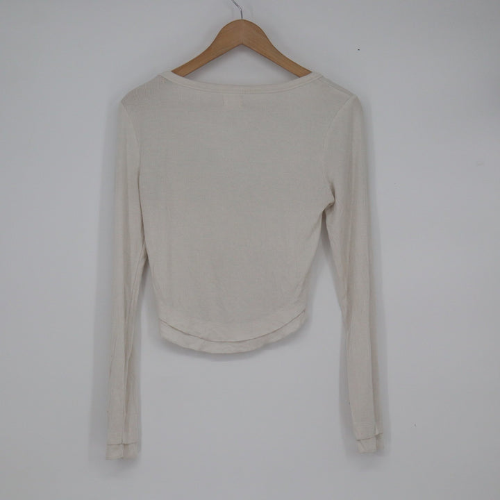 Urban Nation Cream Ribbed Scoop Neck Long Sleeve Bow Top Small