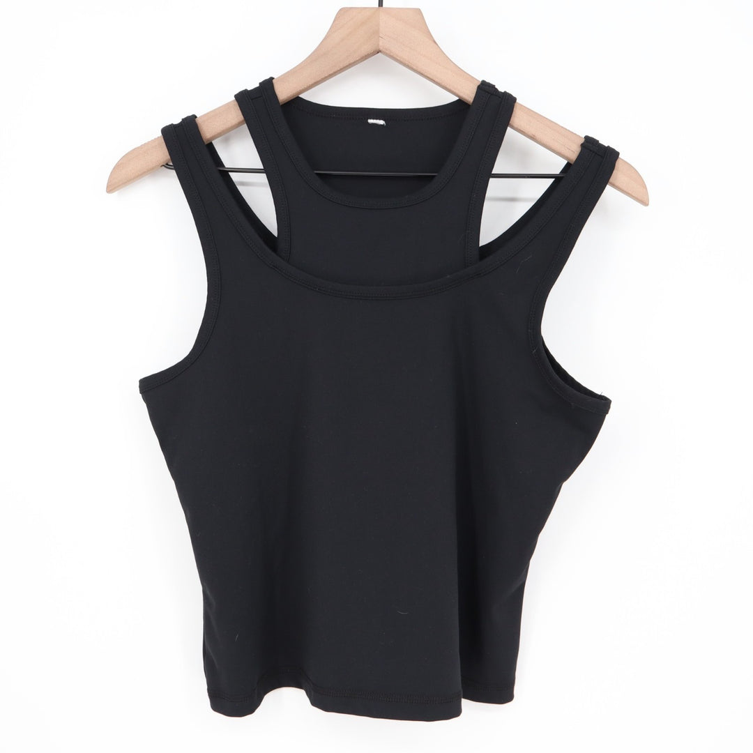 Layered Tank Top Womens Black Round Neck Wide Strap Activewear Yoga Running