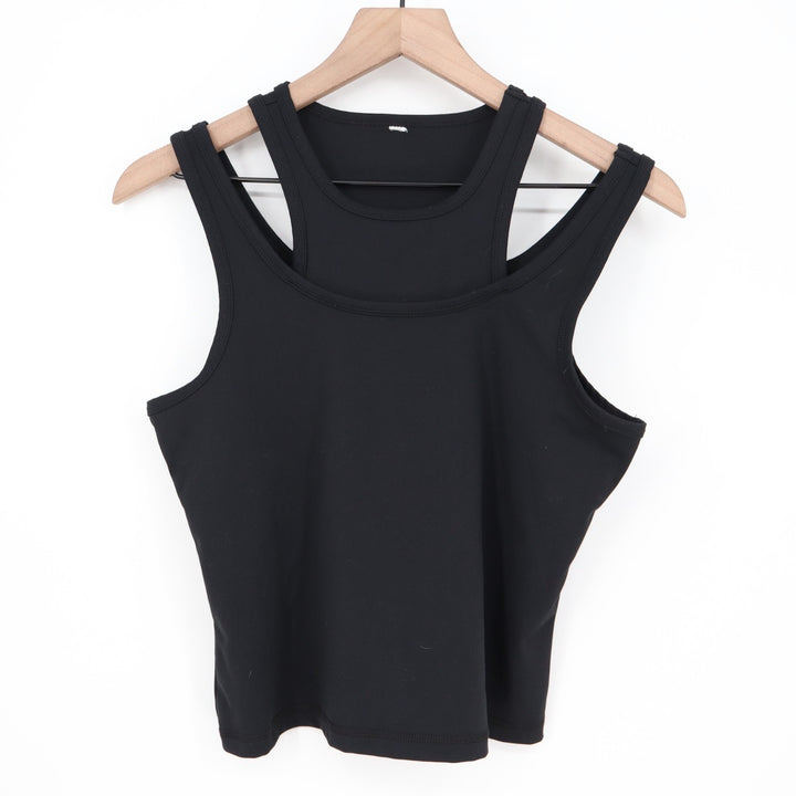 Layered Tank Top Womens Black Round Neck Wide Strap Activewear Yoga Running