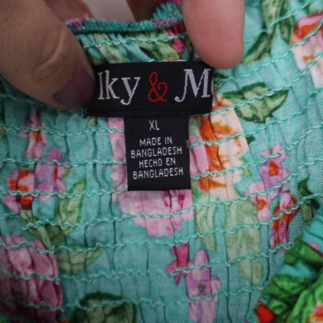 Sky & Moon Floral Smocked Back Tie Front Puff Sleeve Top Teal XL