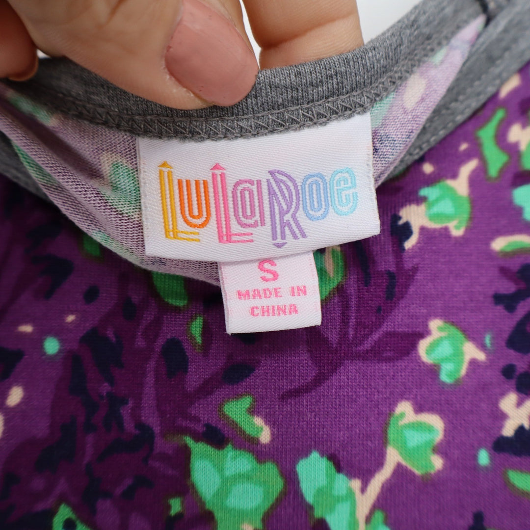 LuLaRoe Randy Baseball Tee Purple Green Floral Heather Grey 3/4 Sleeve Small