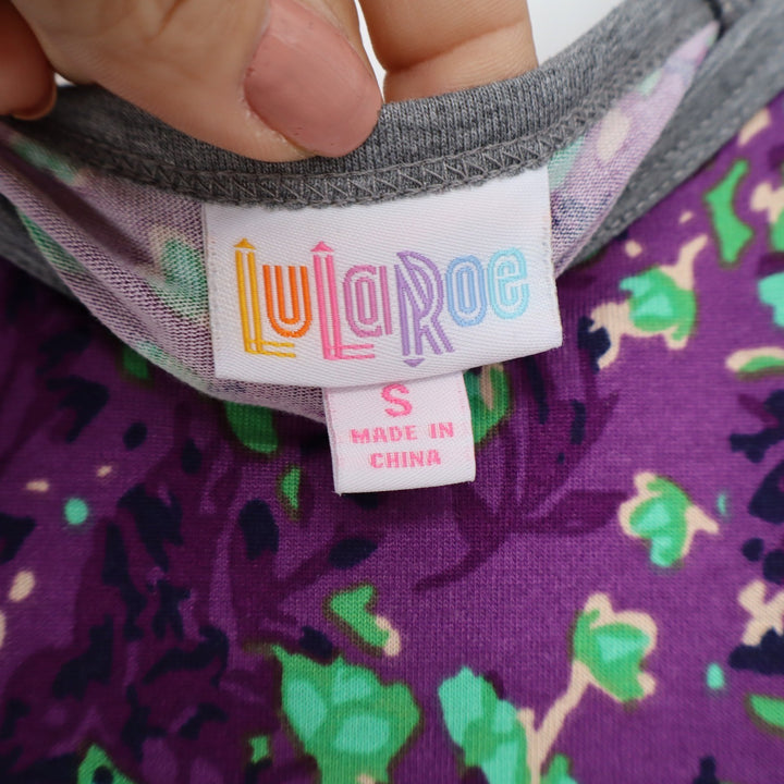 LuLaRoe Randy Baseball Tee Purple Green Floral Heather Grey 3/4 Sleeve Small