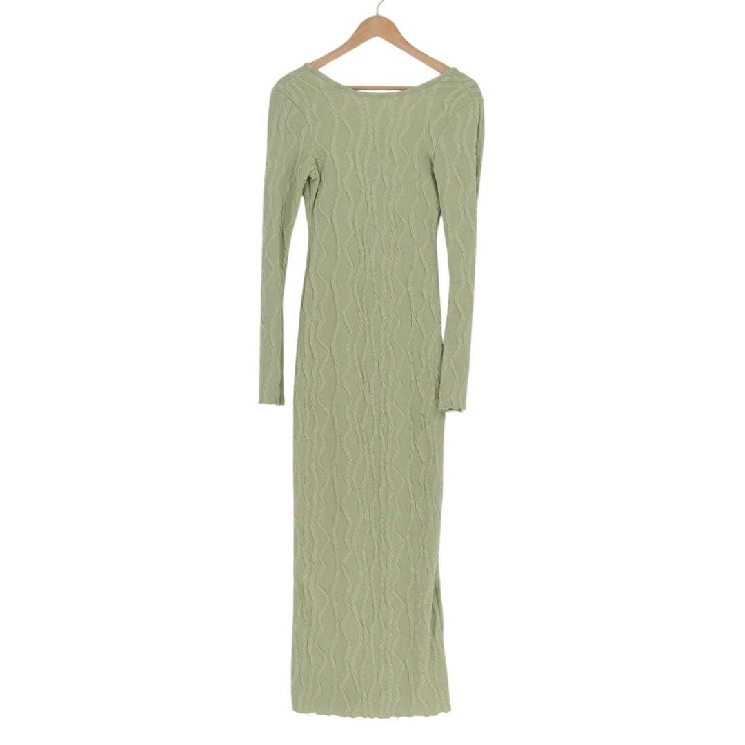 Shein Rafferiza Bodycon Maxi Dress Womens XS Green Lettuce Hem Flare Sleeve