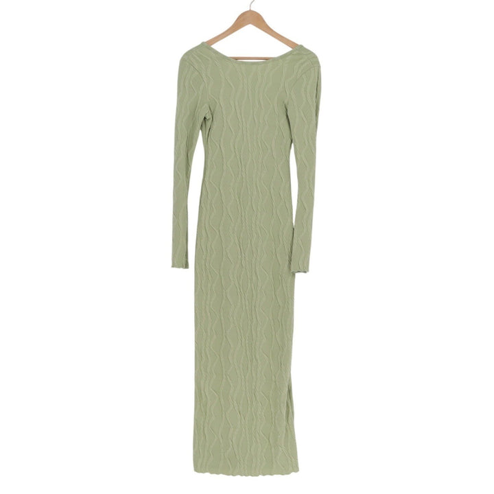 Shein Rafferiza Bodycon Maxi Dress Womens XS Green Lettuce Hem Flare Sleeve