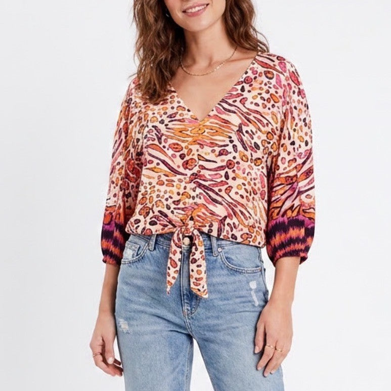 Lovestitch Gemma Crop Top Womens Medium Multi Tie Front Leopard Print V-Neck
