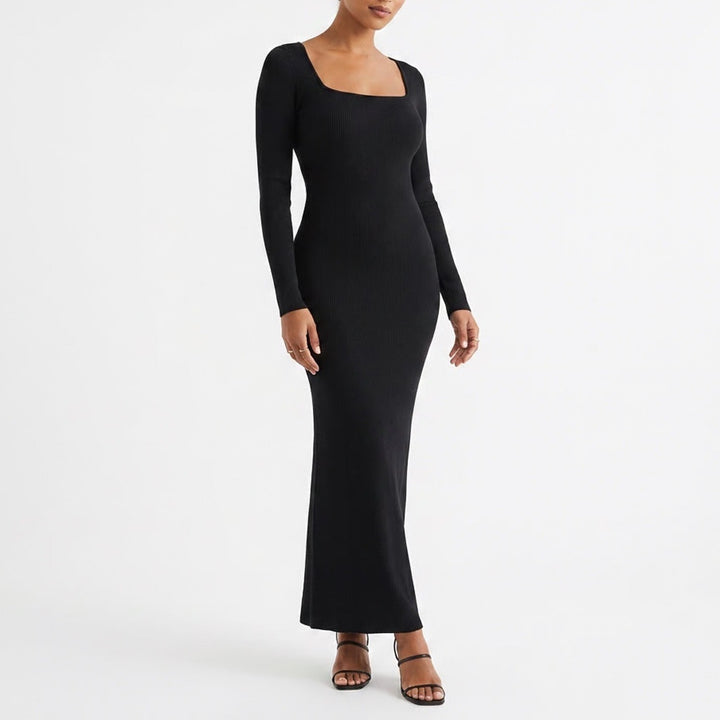 Black Ribbed Knit Square Neck Long Sleeve Bodycon Maxi Dress XS