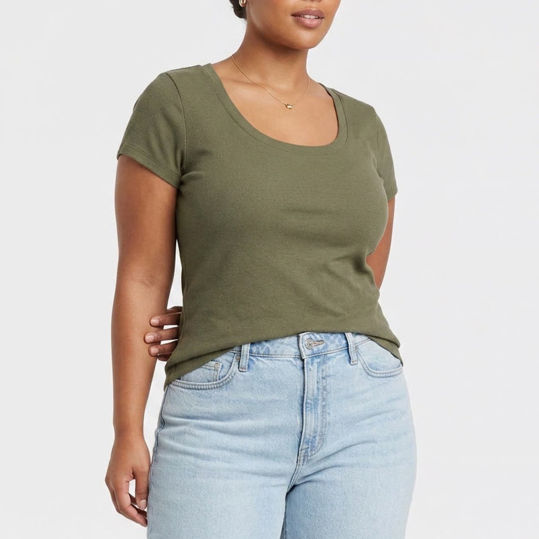 A New Day Womens Scoop Neck Ribbed T-Shirt Olive Green Large Short Sleeve Tee