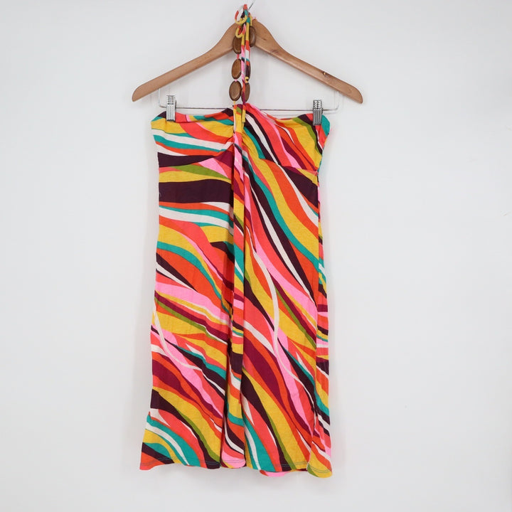 Xhilaration Multi Color Psychedelic Wavy Stripe Wood Bead Halter Mini Dress S