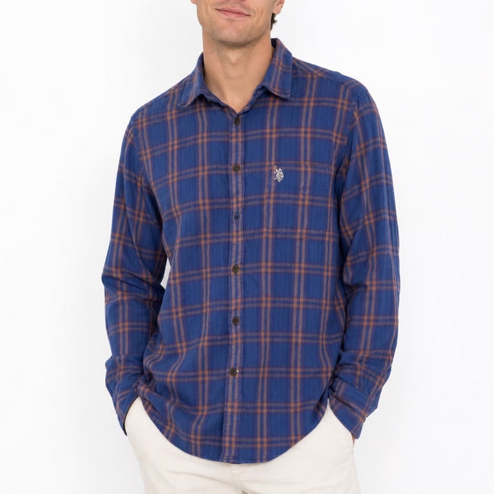 US Polo Assn Mens Tailored Fit Plaid Flannel Button Down Shirt Blue Brown L