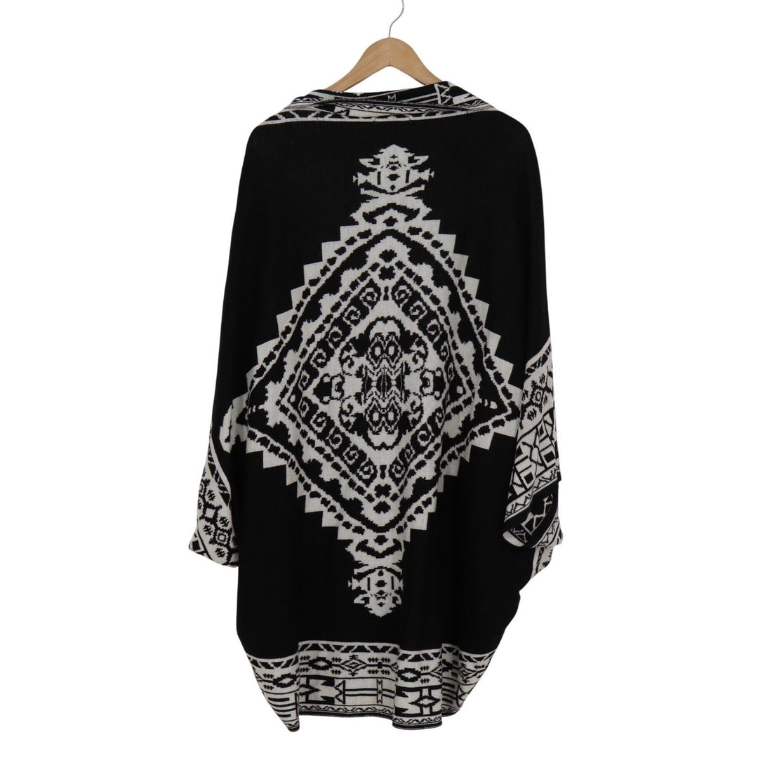 Black White Geometric Tribal Open Front Kimono Cardigan Sweater Longline Knit
