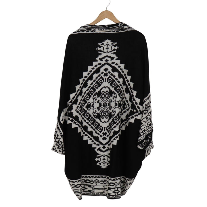 Black White Geometric Tribal Open Front Kimono Cardigan Sweater Longline Knit