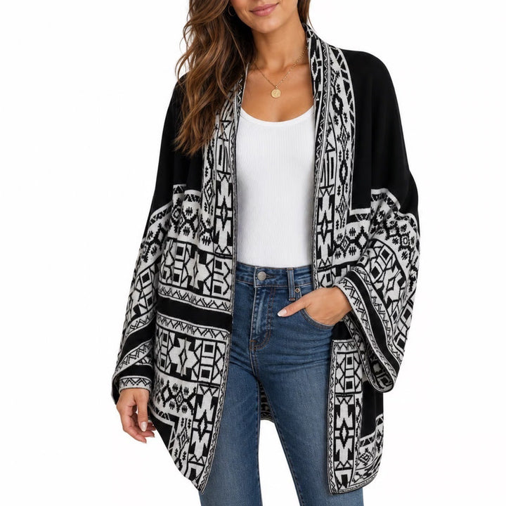 Black White Geometric Tribal Open Front Kimono Cardigan Sweater Longline Knit