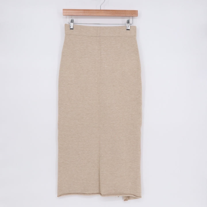 Mimosa Midi Pencil Skirt Womens Small Beige Knit Side Slit Pull On Elastic Waist