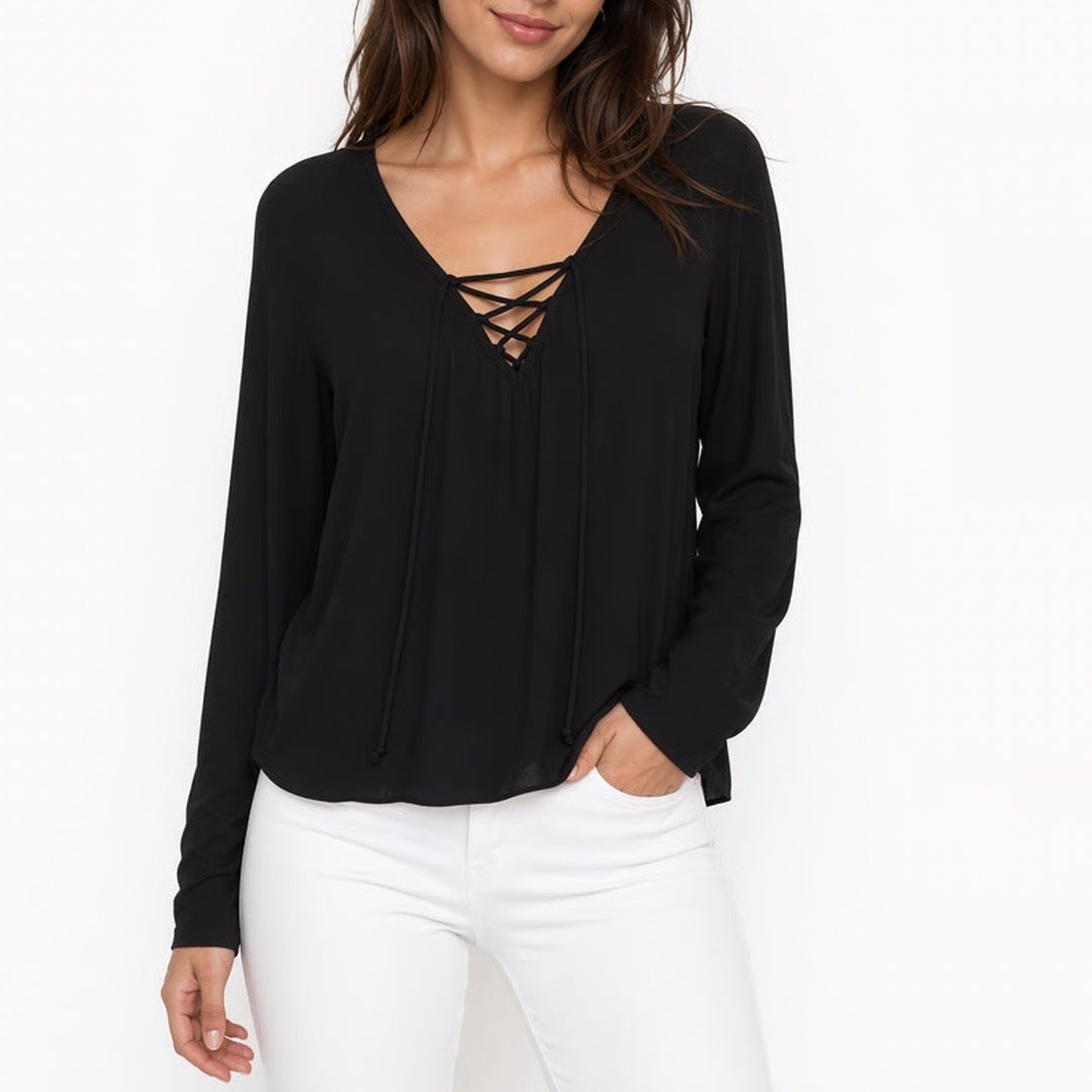 Polly & Esther Blouse Top Womens Black Long Sleeve Criss Cross Tie Up V Neck