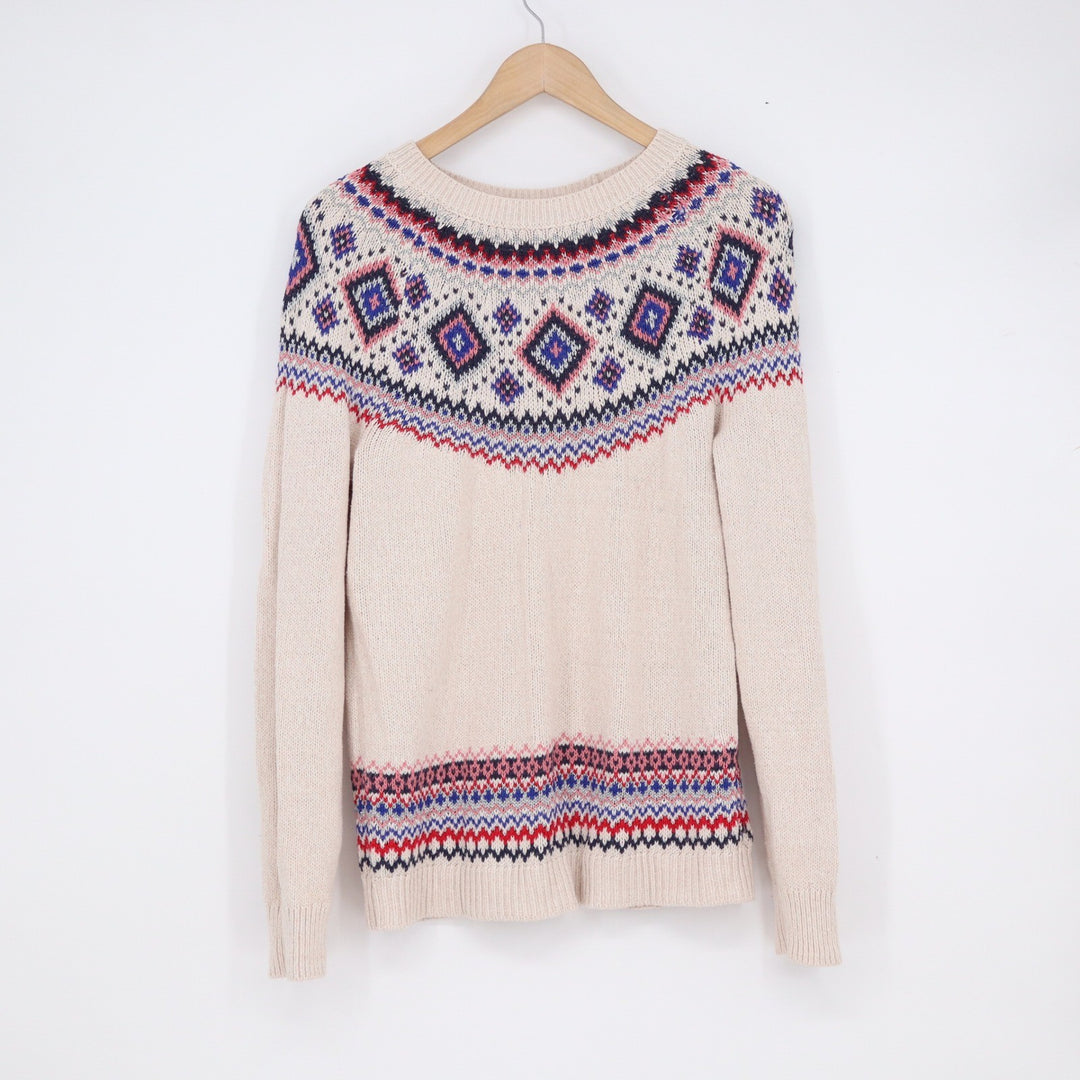 Old Navy Womens Fair Isle Metallic Knit Sweater Cream Navy Red Size M