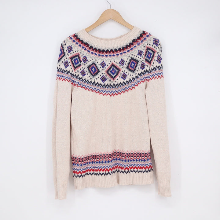 Old Navy Womens Fair Isle Metallic Knit Sweater Cream Navy Red Size M