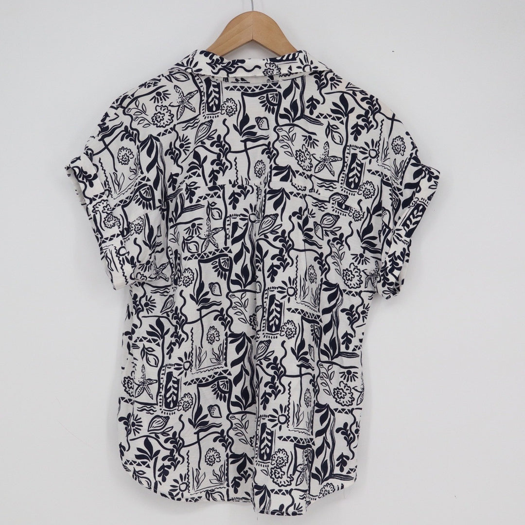 Sara Michelle Navy White Abstract Tropical Print Button Up Blouse Womens Medium