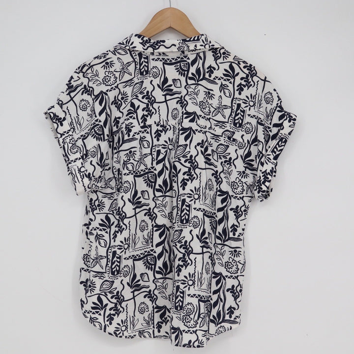 Sara Michelle Navy White Abstract Tropical Print Button Up Blouse Womens Medium