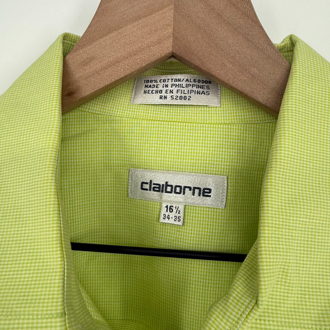 Claiborne Dress Shirt Mens 16.5 Lime Green Check Cotton Pocket Button Up Formal