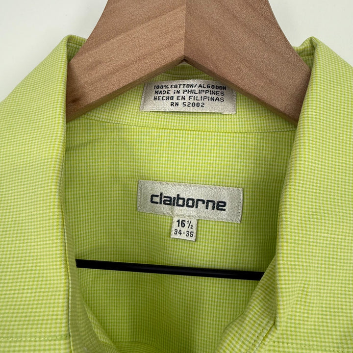 Claiborne Dress Shirt Mens 16.5 Lime Green Check Cotton Pocket Button Up Formal