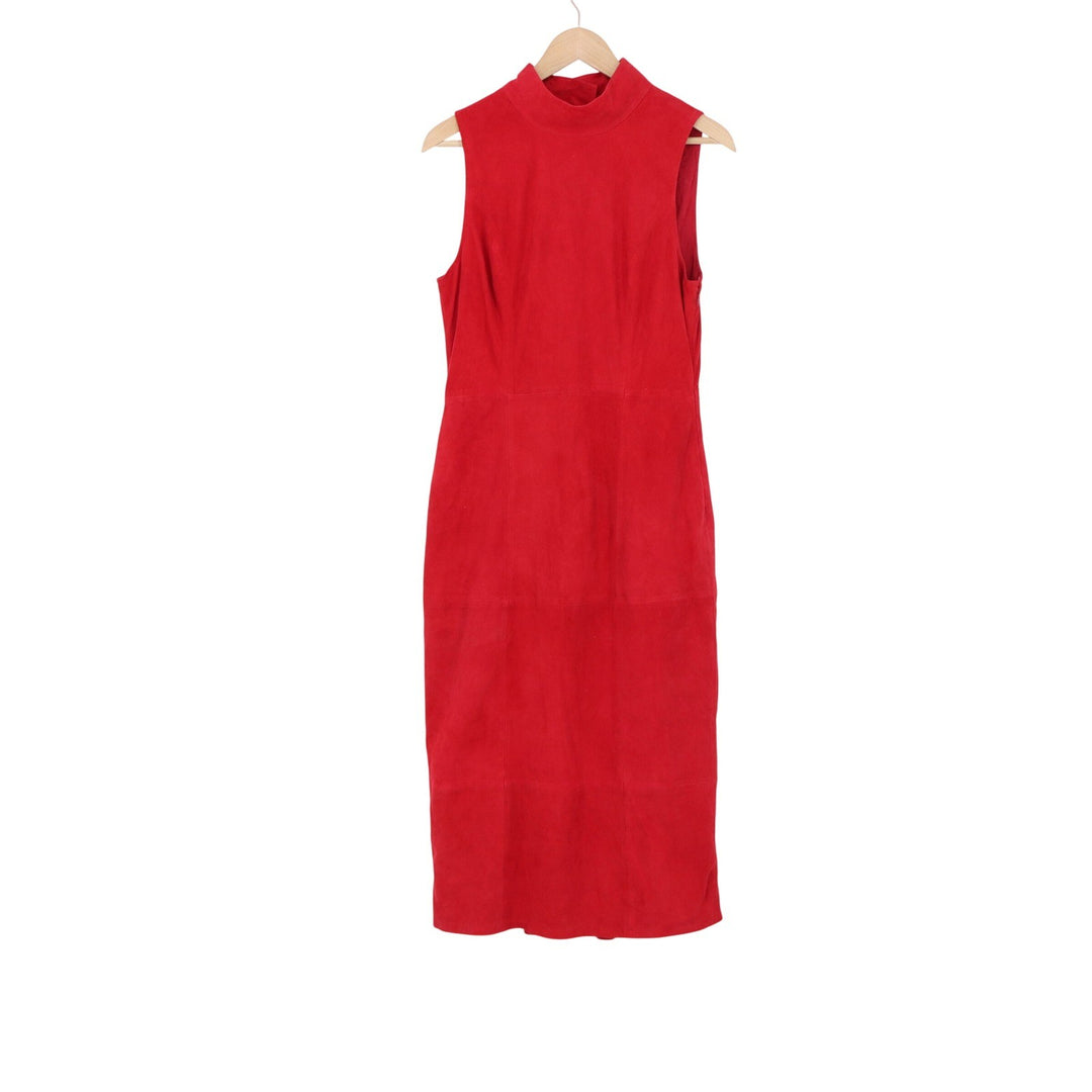 Jill Midi Dress Womens 10 Limited Edition Red Suede Open Back Ruffle Excellent