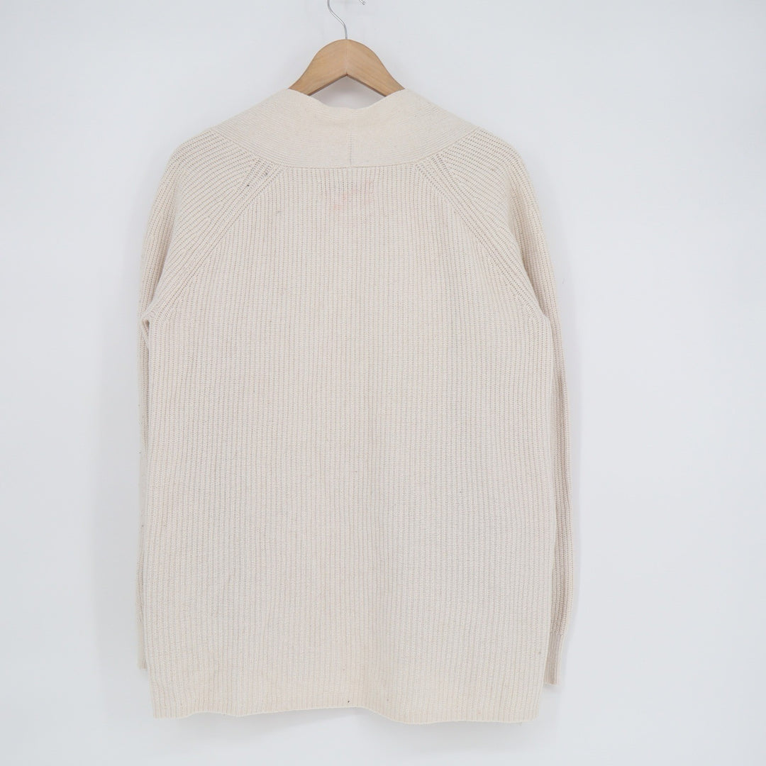 LOFT Womens Ribbed Open Front Cardigan Sweater Cream Ivory Cotton Wool Blend M