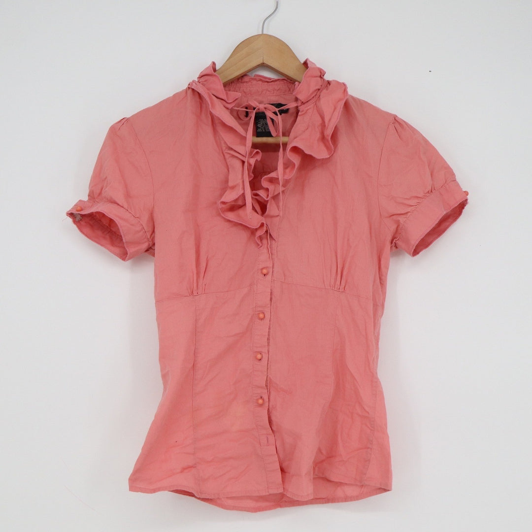 Rampage Women's Coral Pink Ruffle Neck Short Sleeve Cotton Blouse Size S