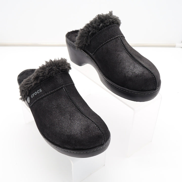 Crocs Sarah Fuzz Lined Clog Black Faux Fur Wedge Mules Womens Size 8