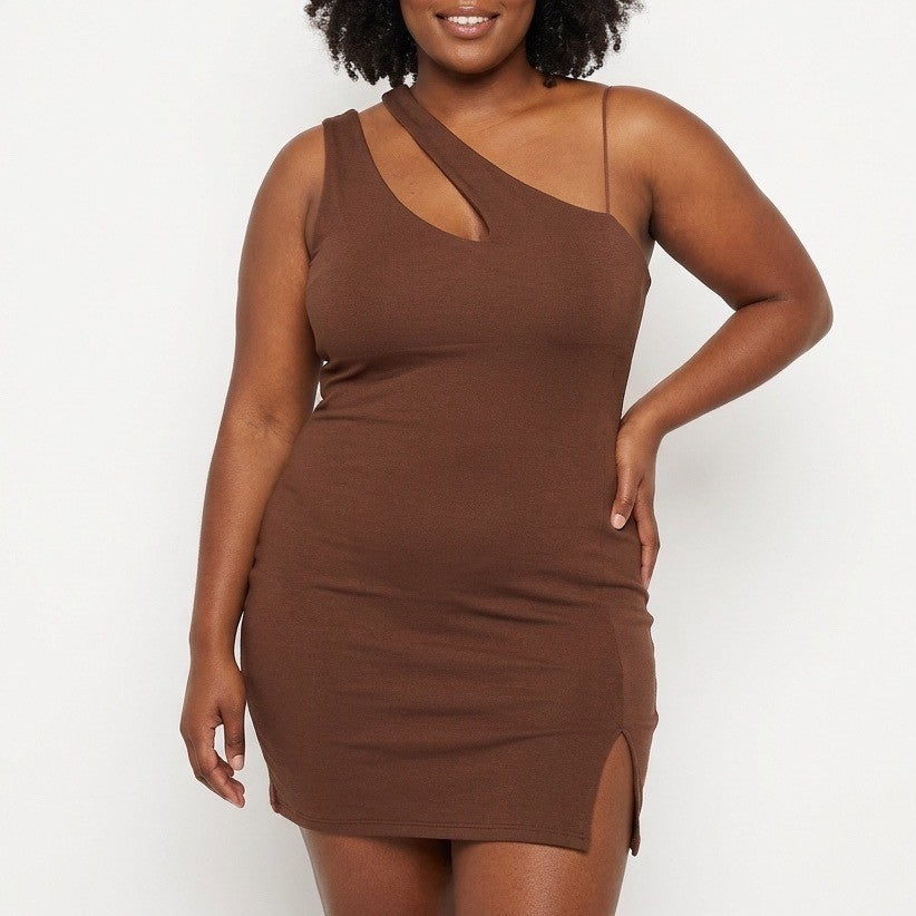 Naked Wardrobe One Shoulder Cutout Mini Dress Brown XL