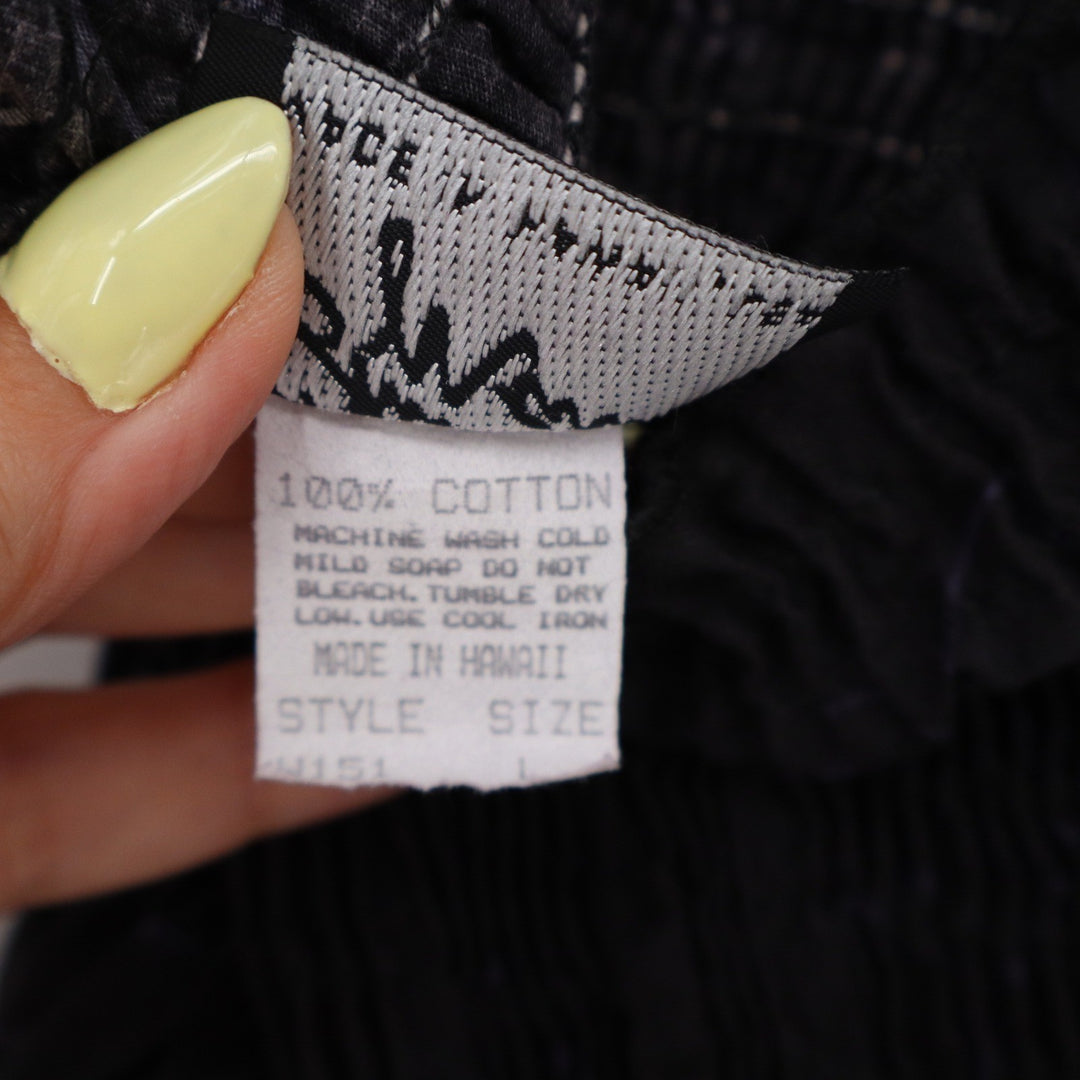 Vintage Made in Hawaii Black Tropical Palm Hibiscus Smocked Sun Dress Large L